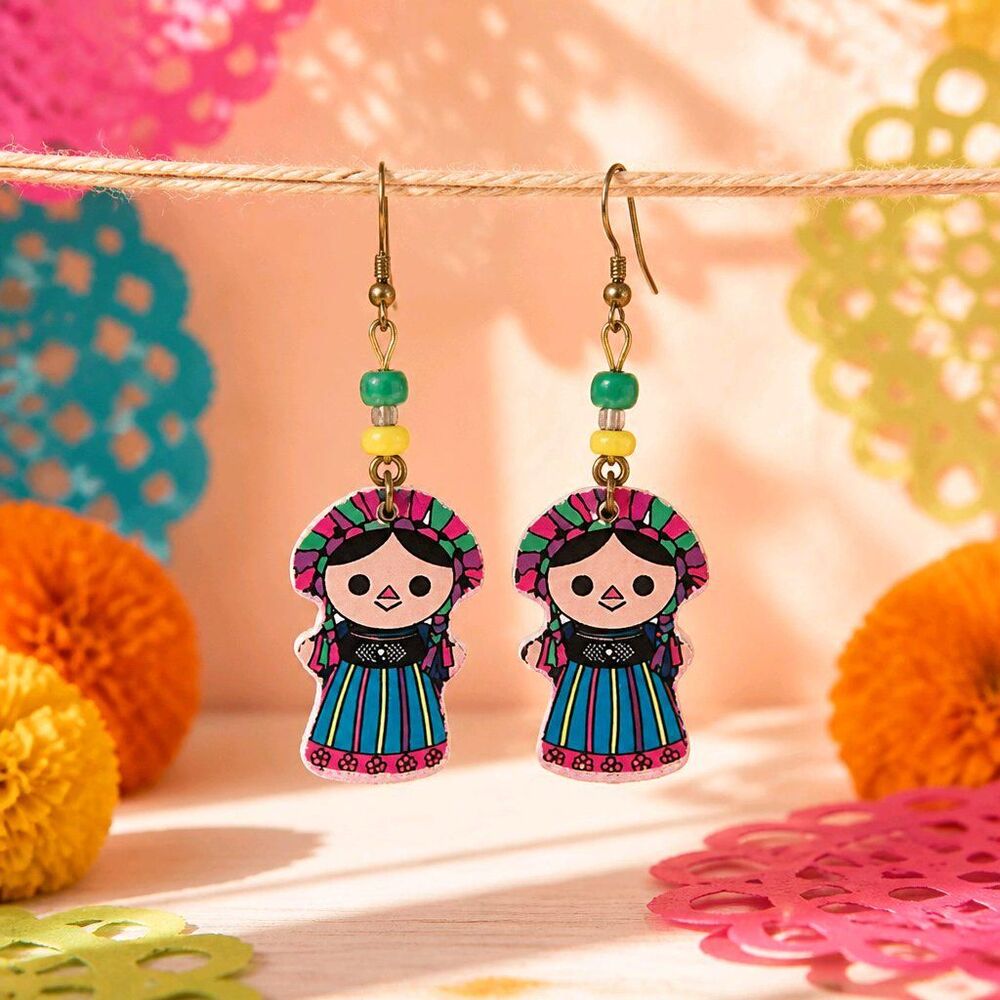 Wooden Maria Doll Colorful Handcrafted Pierced Earrings